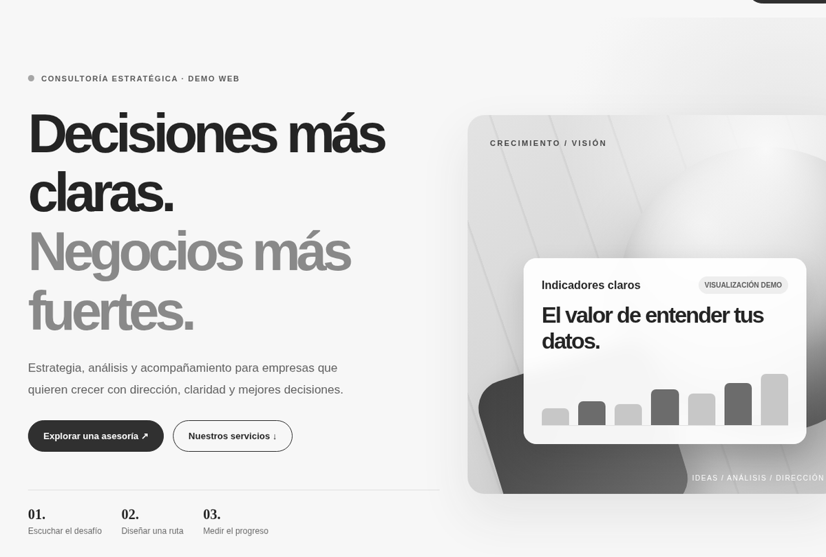 Vista actualizada de Métrica Consultores en blanco, negro y gris